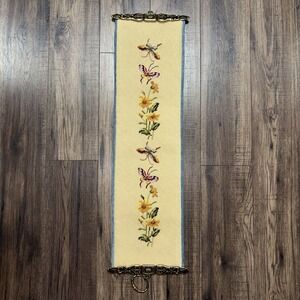 Vintage Embroidered Floral Butterfly Tapestry Wall Hanging Brass Ends Blue